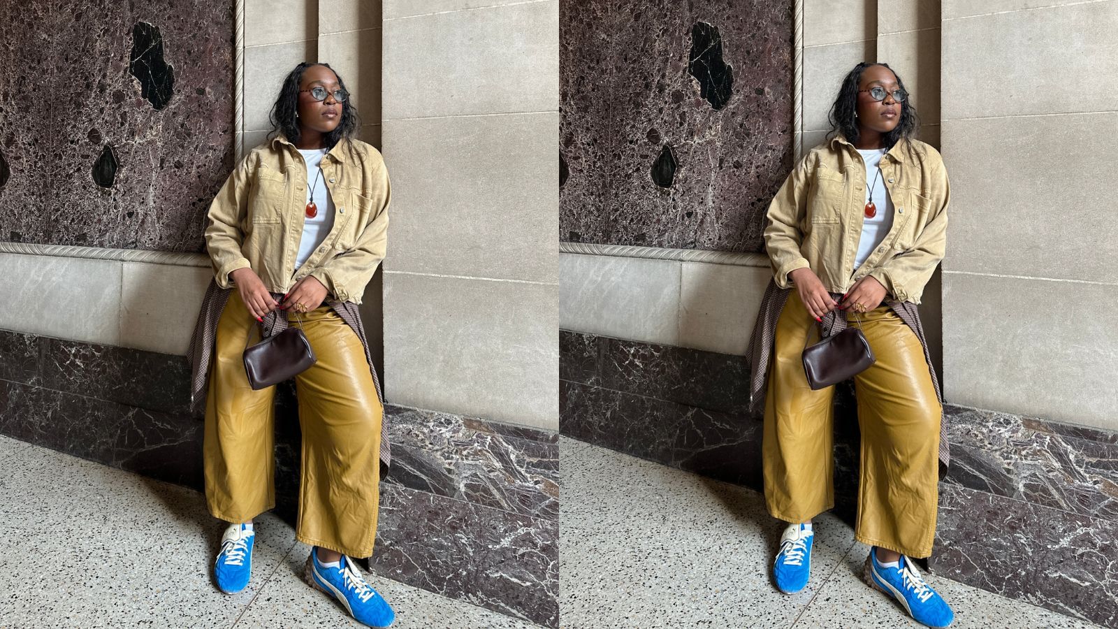 Editor Aniyah Morinia wearing neutral outfit with blue sneakers