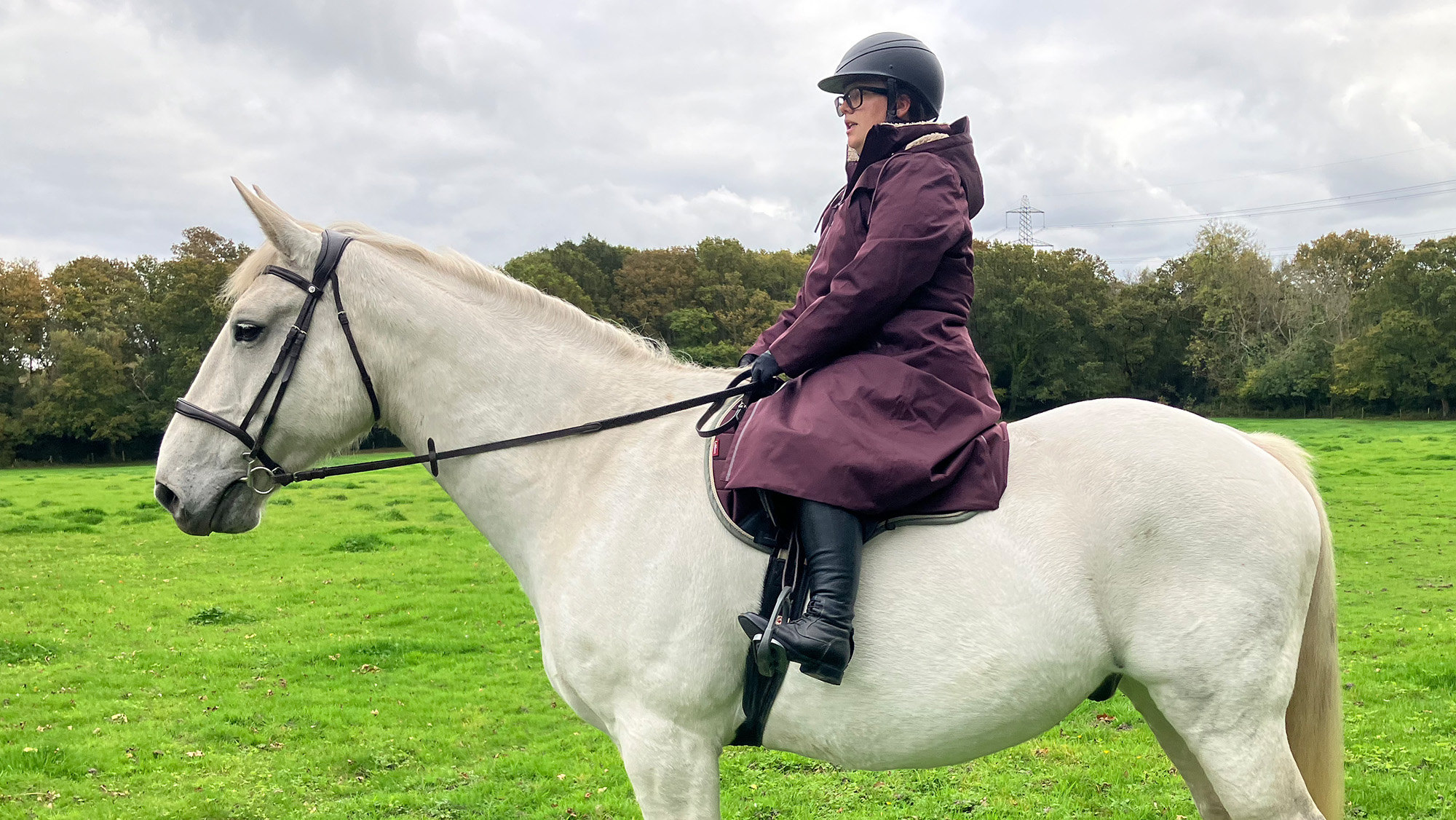 Rider wears LeMieux All Elements riding robe on horse side view