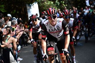 UAE Team Emirates Swiss rider Marc Hirschi rides at the San Fermo della Battaglia during the 116th edition of the Giro di Lombardia Tour of Lombardy a 25242 km cycling race from Bergamo to Como on October 8 2022 Photo by Marco BERTORELLO POOL AFP Photo by MARCO BERTORELLOPOOLAFP via Getty Images