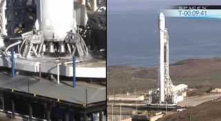 A split view of the first upgraded SpaceX Falcon 9 rocket stands poised to launch from Space Launch Complex 4 at Vandenberg Air Force Base in California on Sept. 29, 2013.