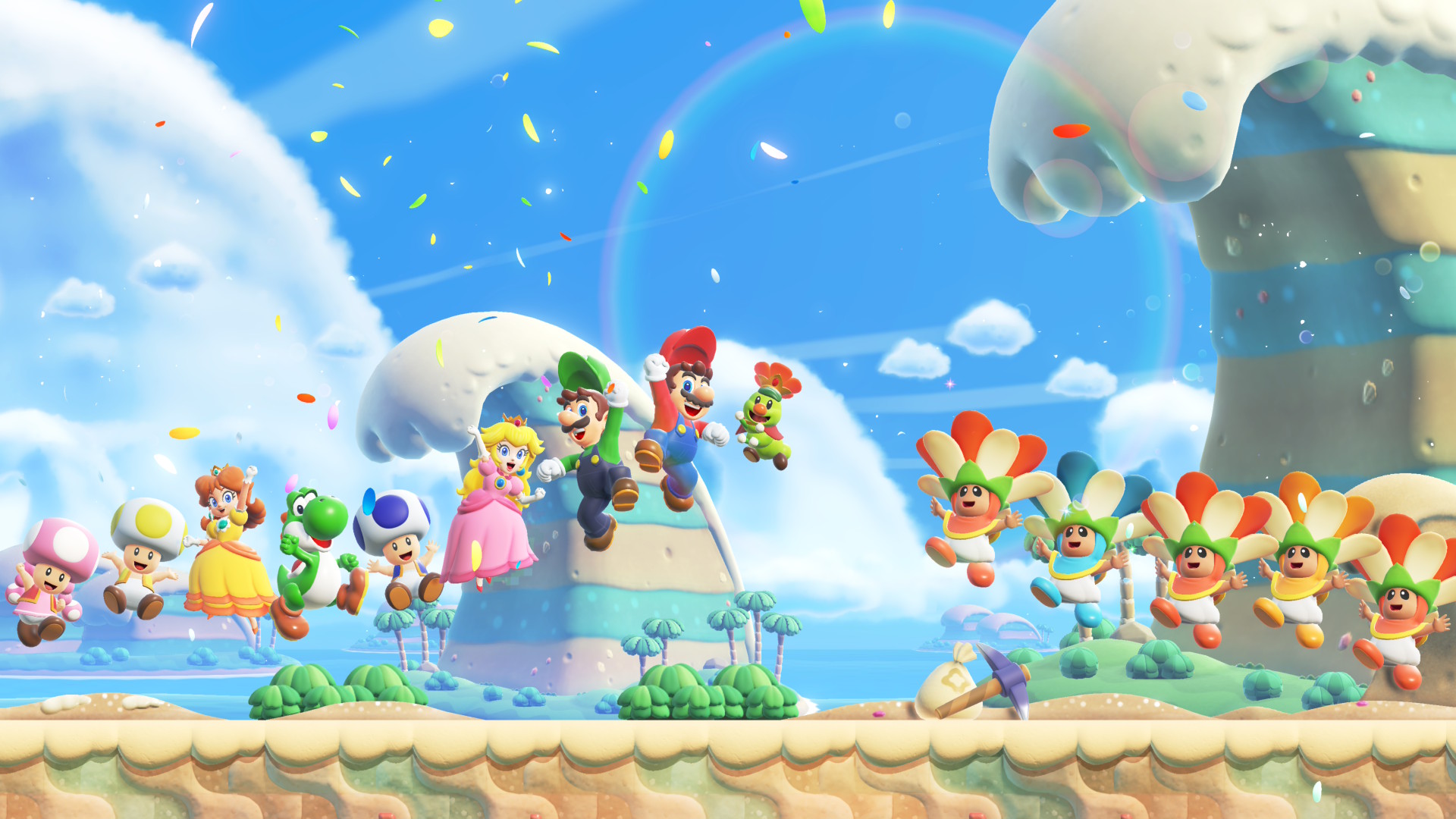 All characters celebrate in Super Mario Bros. Wonder &amp;ndash; Nintendo Switch 2 Edition + Meetup in Bellabel Park