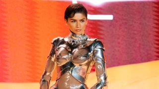 Zendaya attends the World Premiere of "Dune: Part Two" in London's Leicester Square on February 15, 2024 in London, England wearing a robot-like suit.