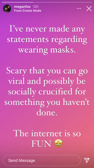 Megan Fox Instagram story about anti-mask rumor`