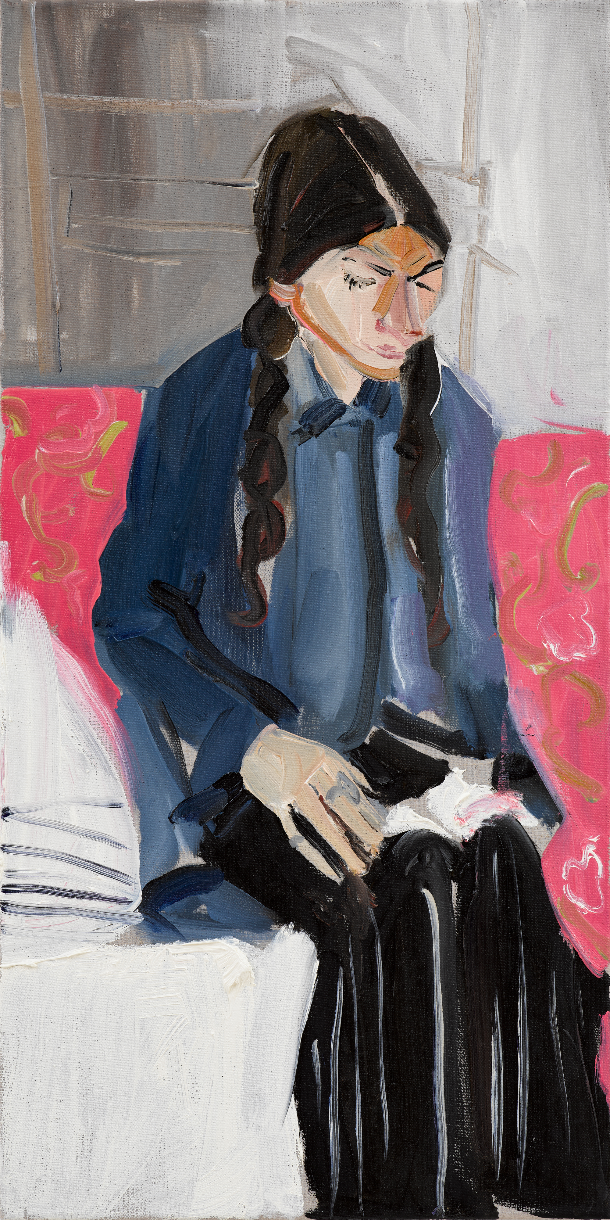 Chantal Joffe, Esme in Her Blue Coat Reading, 2025