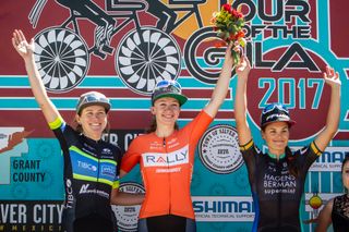 Lauren Stephens, Emma White and Lizzie Williams on the stage 4 podium at Tour of the Gila