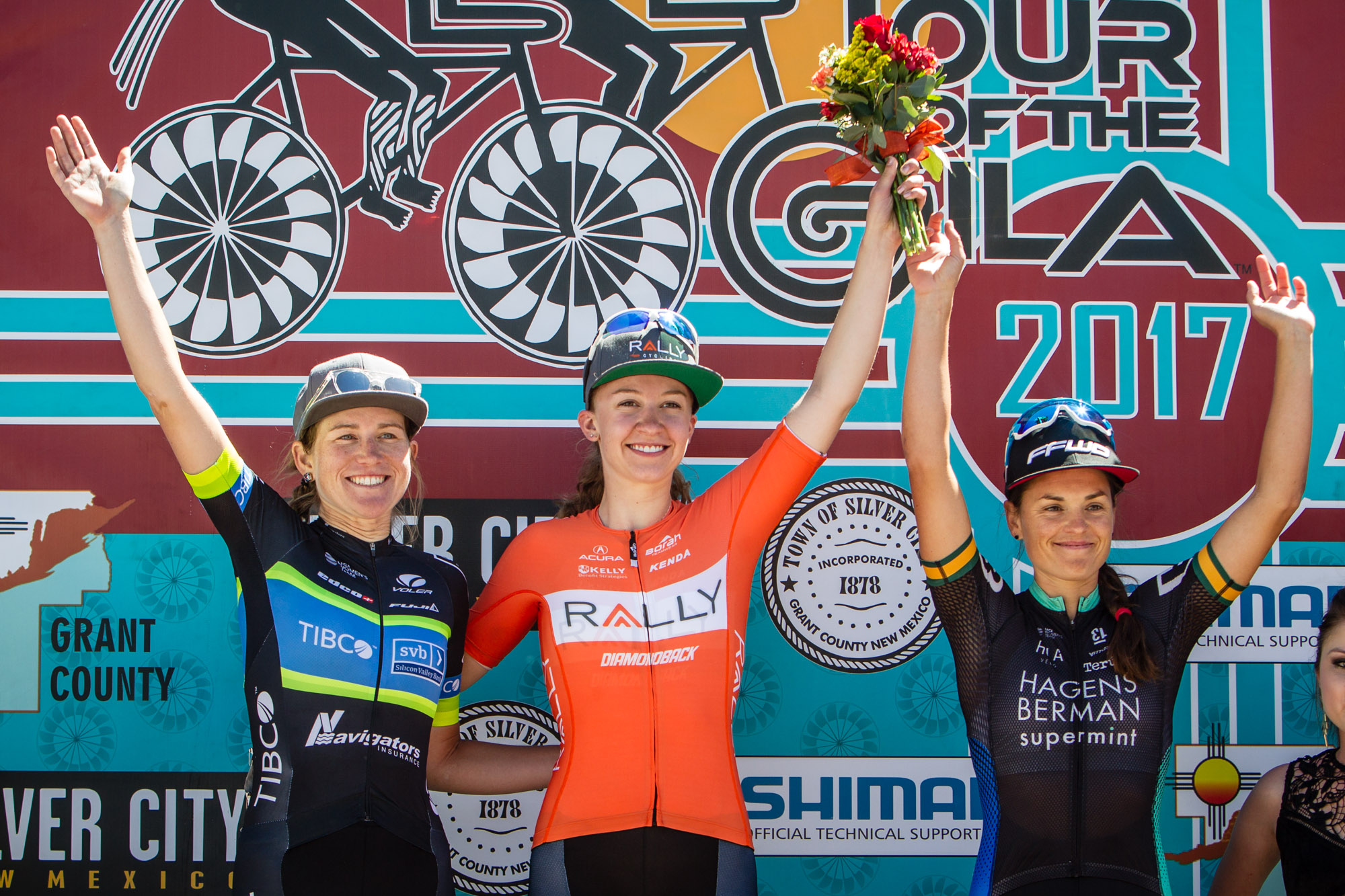 Lauren Stephens, Emma White and Lizzie Williams on the stage 4 podium at Tour of the Gila