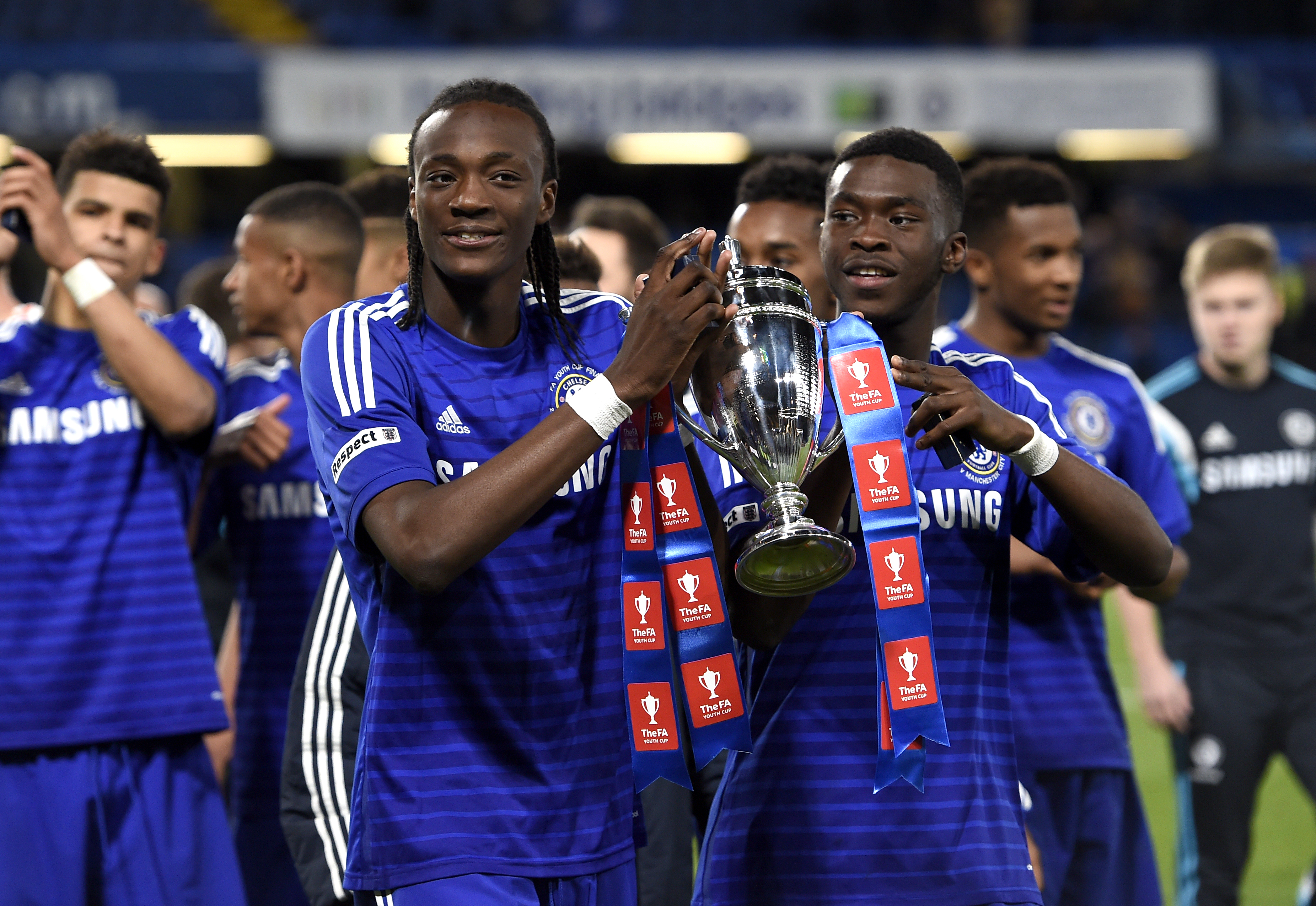 Tomori, right, and Tammy Abraham celebrate winning the FA Youth Cup final with Chelsea in 2015