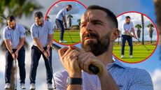 putting expert James Jankowski looking at common putting mistakes (identified in red) with two inset images of James Jankowski demonstrating a drill to banish a common fault