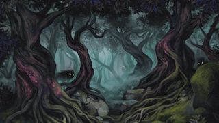 A thick, spooky forest with dark creatures staring into the foreground from the shadows