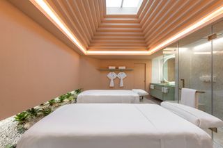 Treatment room at Infinity Wellbeing, Bangkok with terracotta walls, treatment beds and rectangular strip lighting