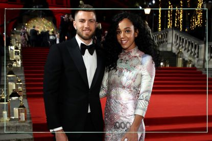 Katarina Johnson-Thompson posing on the red carpet with her boyfriend Andrew Pozzi