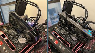 An AMD RX 7900 XT and Nvidia RTX 4070 Ti running on a pair of test benches