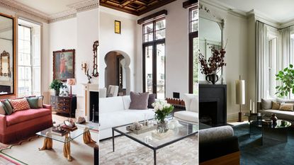 Three living rooms with glass coffee tables and high ceilings