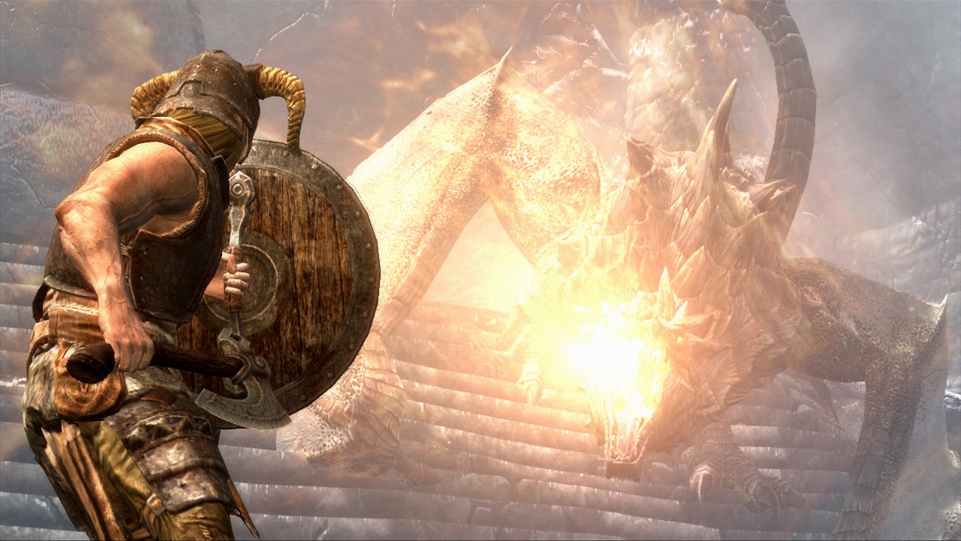 A shield against a fire-breathing dragon in Skyrim
