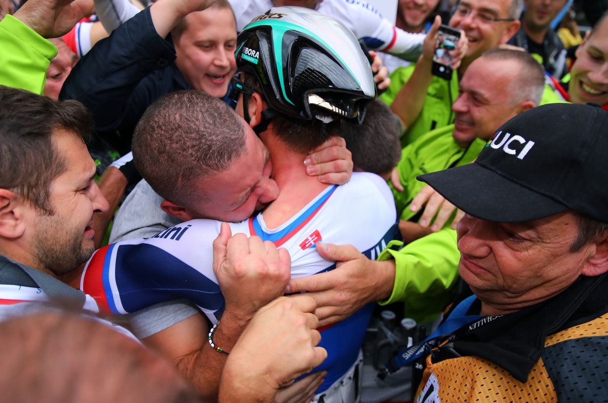 Peter Sagan celebrates his third rainbow jersey with his family