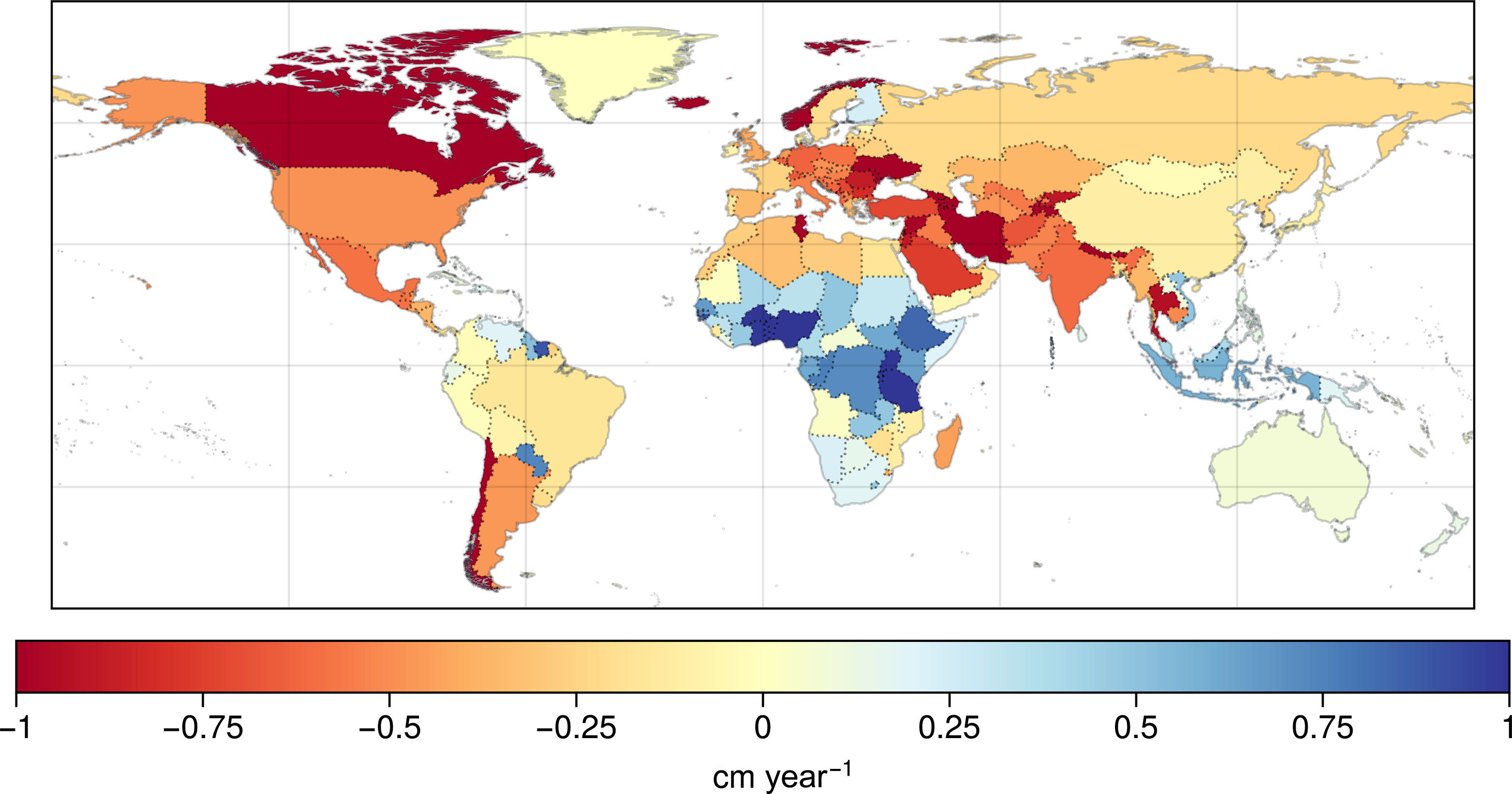 Map showing the trend in continental water loss or gain by country over the past 20 years.
