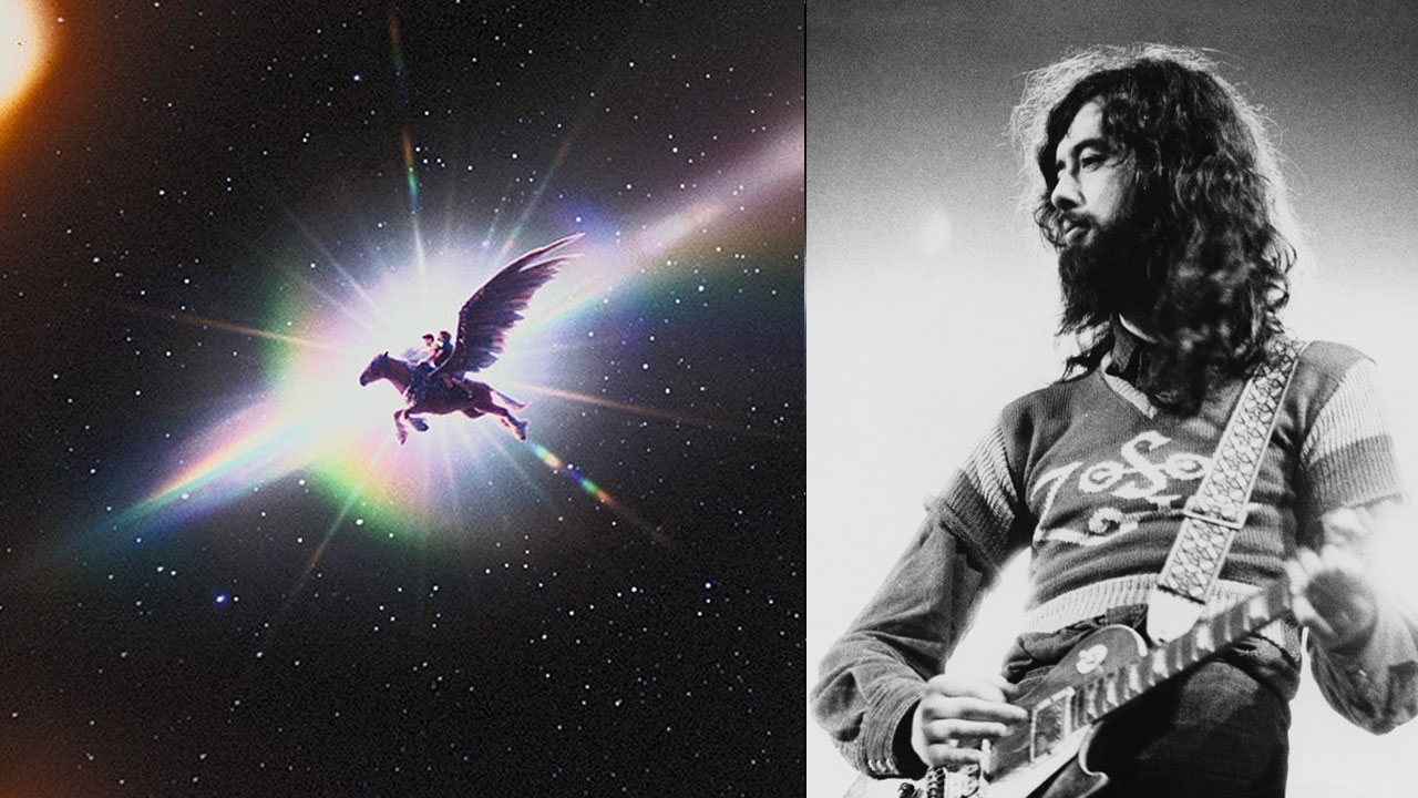 Jimmy Page onstage in 1971, and an excerpt from the Narnia: The Magician's Nephew poster showing a winged horse with two riders (composite image)