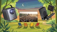 A background image of deckchairs on a field, with the Sony Bravia 8 II, Creative Stage Pro, JBL Go 4 and Anker Nebula Mars 3 Air in the middle