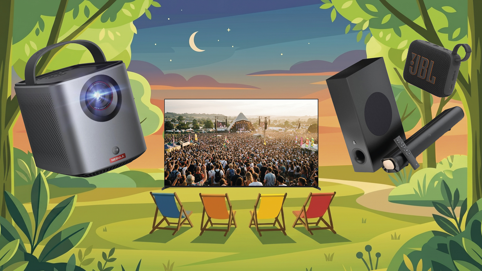 A background image of deckchairs on a field, with the Sony Bravia 8 II, Creative Stage Pro, JBL Go 4 and Anker Nebula Mars 3 Air in the middle