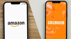 Amazon Prime logo on phone next to Grubhub logo on phone