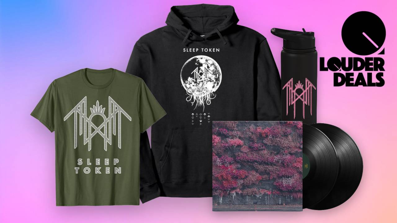 A range of Sleep Token merch on blue, purple and pink background