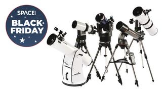 Multiple of the best telescopes set up on a white background
