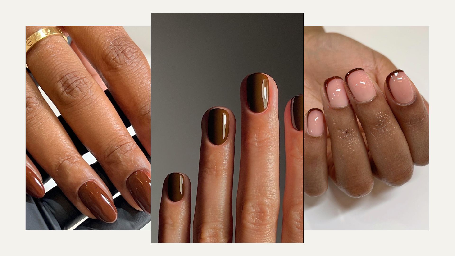 A collage of chestnut brown manicures