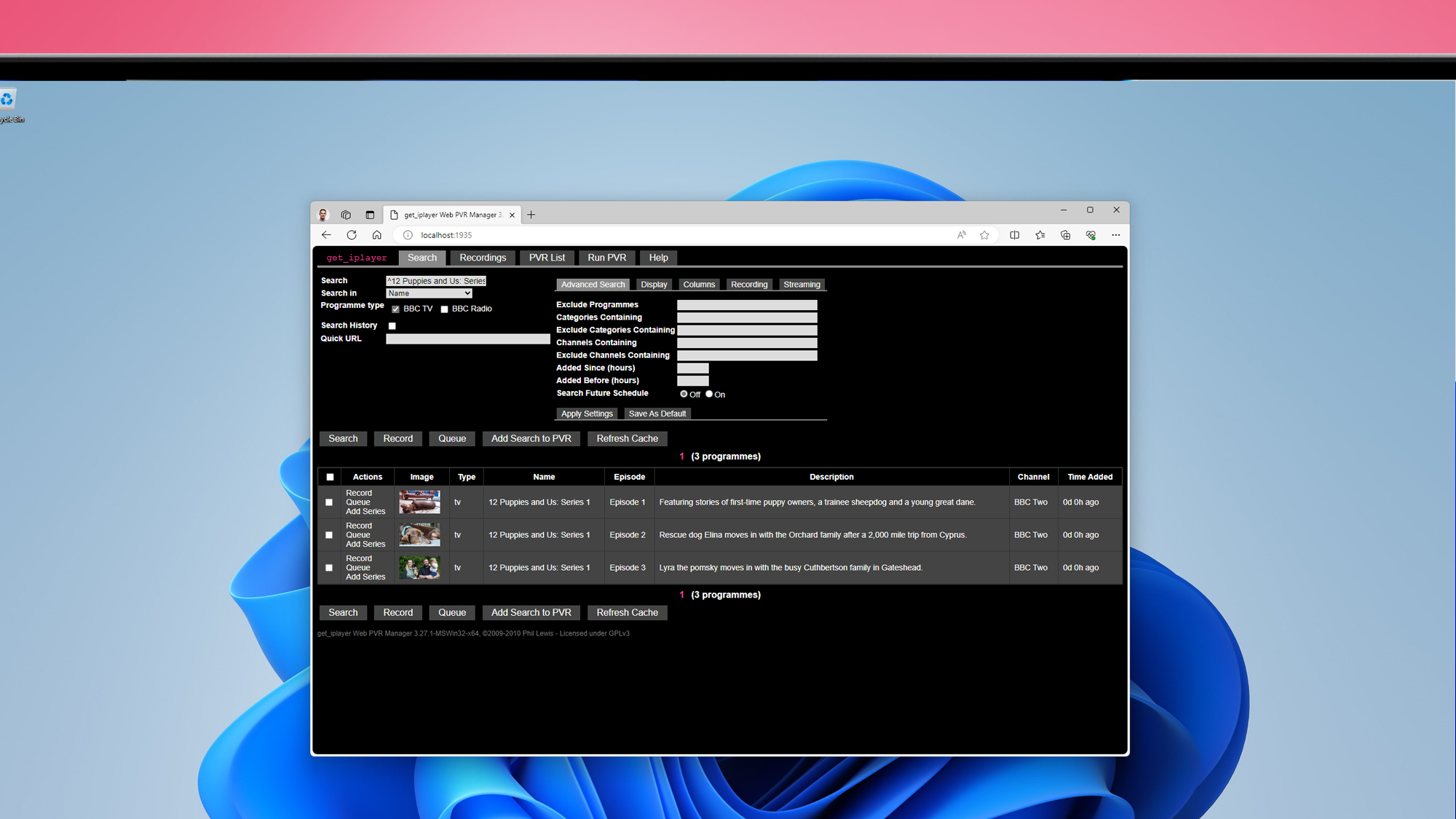 A laptop screen on a pink background showing the get_iplayer graphical interface