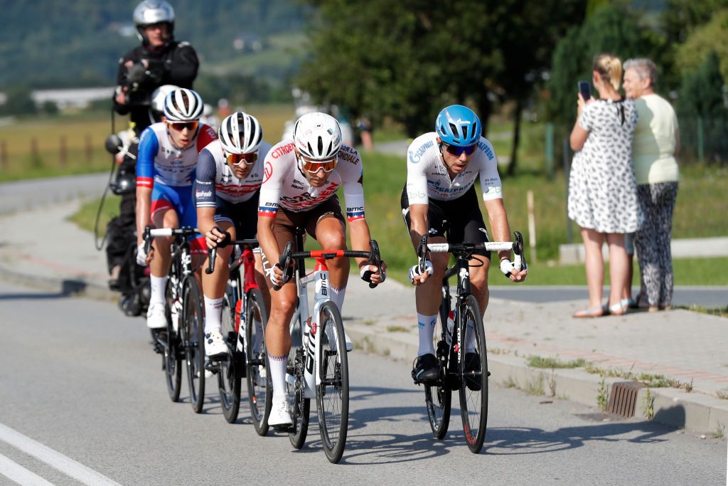 BUKOVINA RESORT POLAND AUGUST 12 LR Lawrence Warbasse of The United States and AG2R Citren Team Marco Canola of Italy and Team Gazprom Rusvelo in the Breakaway during the 78th Tour de Pologne 2021 Stage 4 a 160km stage from Azoty Group Tarnw to Bukovina Resort 924m TourdePologne TDP2021 UCIWT on August 12 2021 in Bukovina Resort Poland Photo by Bas CzerwinskiGetty Images