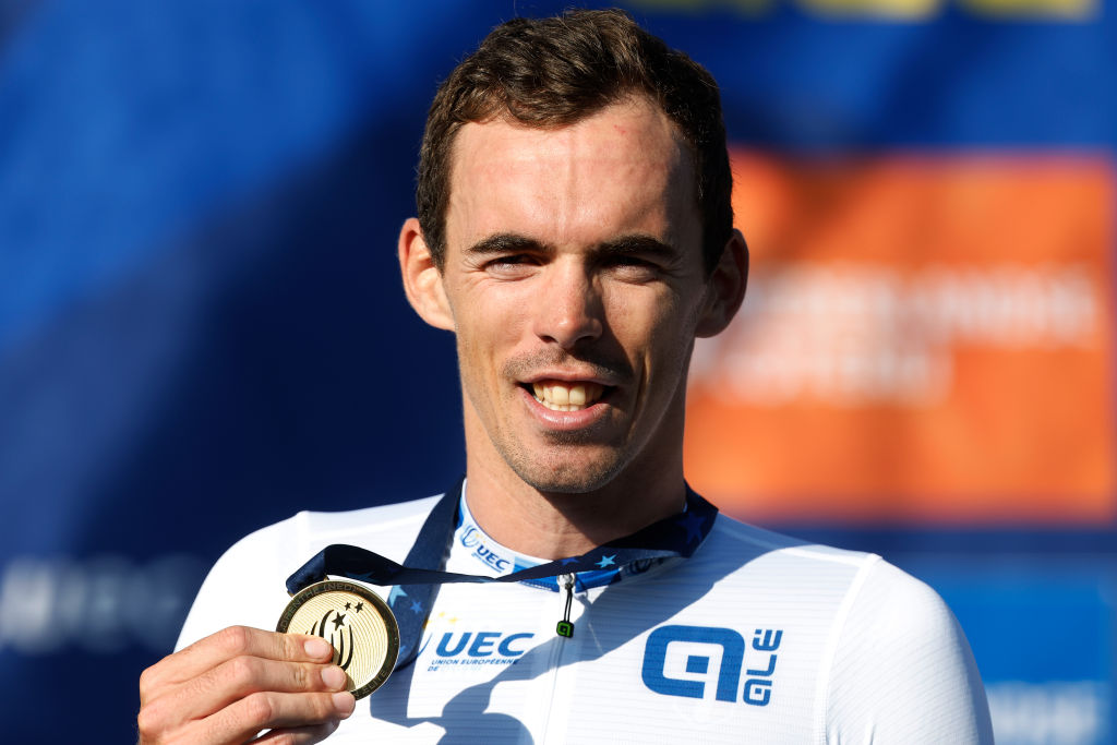 COL DU VAM NETHERLANDS SEPTEMBER 24 Gold medalist Christophe Laporte of France celebrates winning during the medal ceremony after the 29th UEC Road Cycling European Championships 2023 Elite Mens Road Race a 1998km one day race from Assen to Col du VAM UCIWT on September 24 2023 in Col du VAM Netherlands Photo by Bas CzerwinskiGetty Images