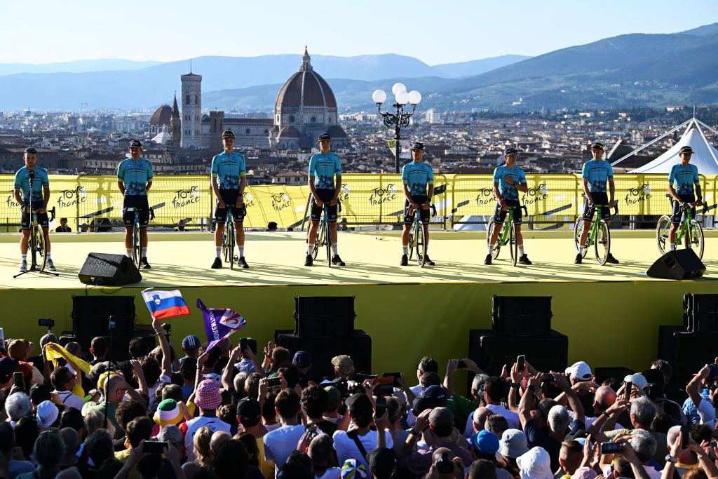 FIRENZE ITALY JUNE 27 Mark Cavendish of Great Britain Alexey Lutsenko of Kazakhstan Davide Ballerini of Italy Michael Morkov of Denmark Yevgeniy Fedorov of Kazakhstan Harold Tejada of Colombia Michele Gazzoli of Italy Cees Bol of Netherlands and Astana Qazaqstan Team during the 111th Tour de France 2024 Team Presentation UCIWT on June 27 2024 in Firenze Italy Photo by Tim de WaeleGetty Images
