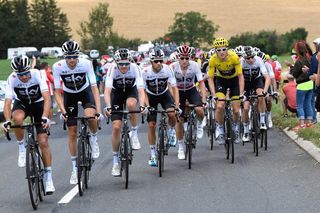 Team Sky line up in front of Geraint Thomas at the Tour de France