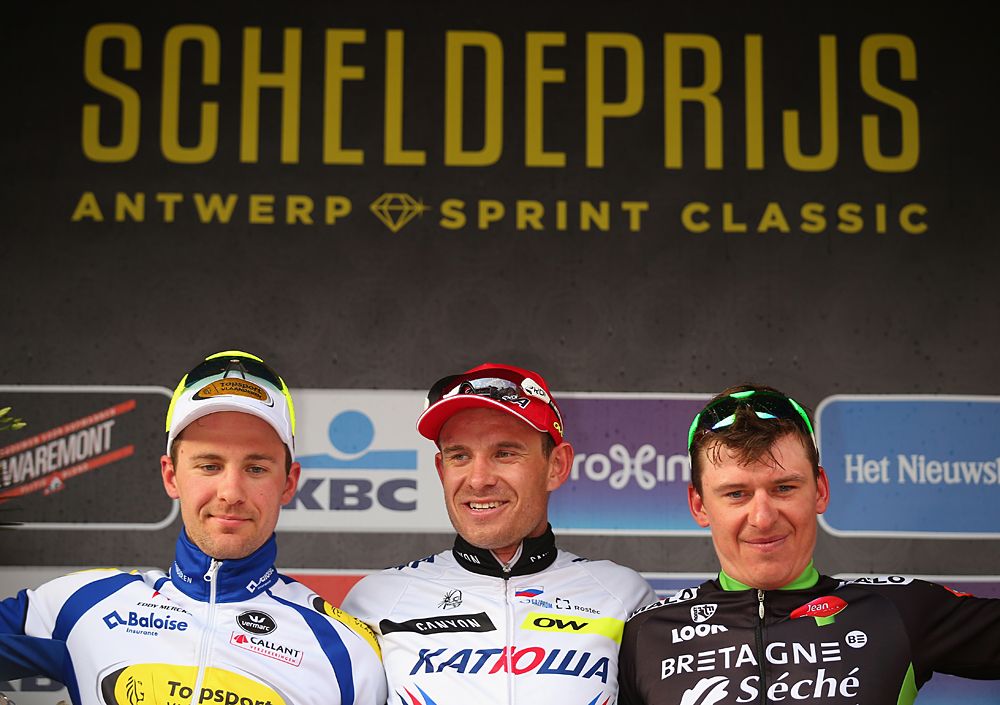The Scheldeprijs podium: Edward Theuns, Alexander Kristoff and Yauheni Hutarovich