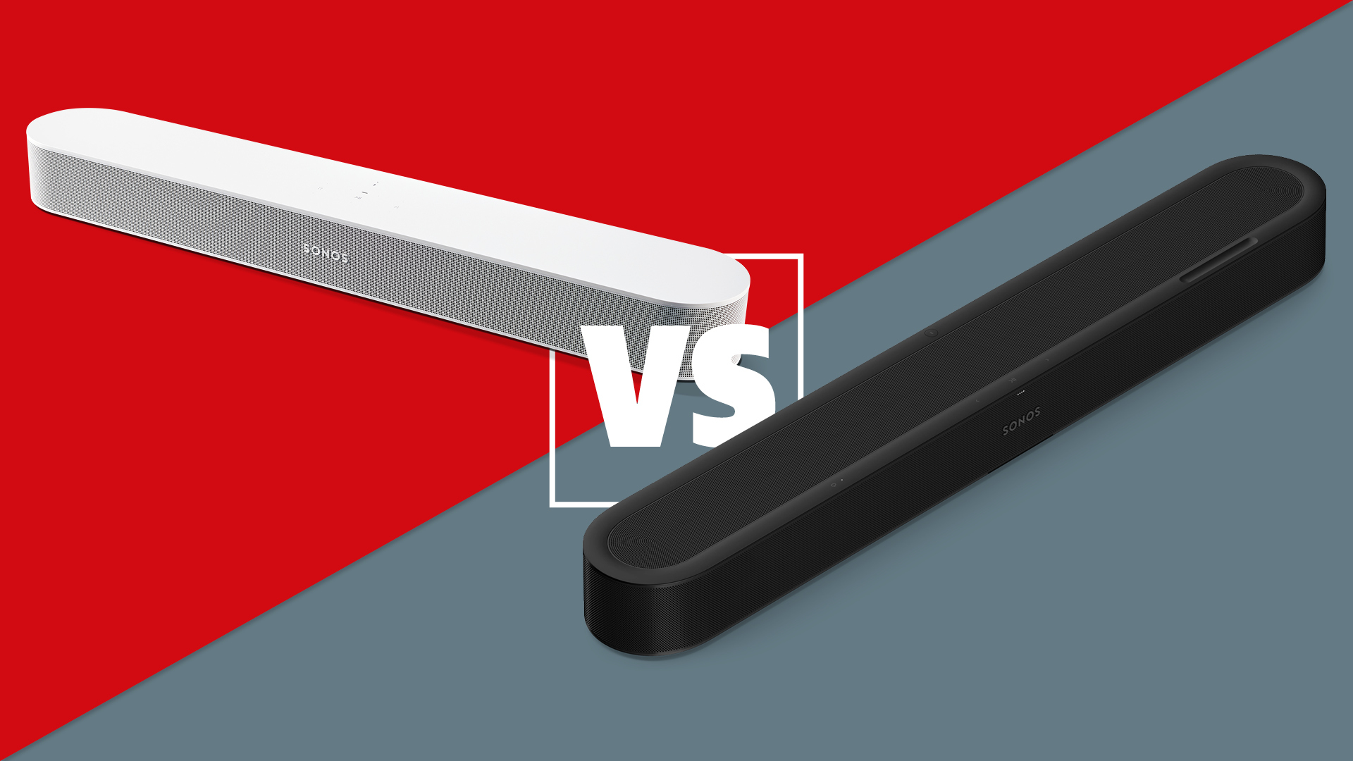 Sonos Beam Ultra and Beam Gen 2 on a red and grey background