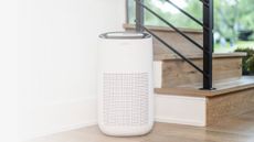 A white sans purifier device next to a modern set of wooden stairs.
