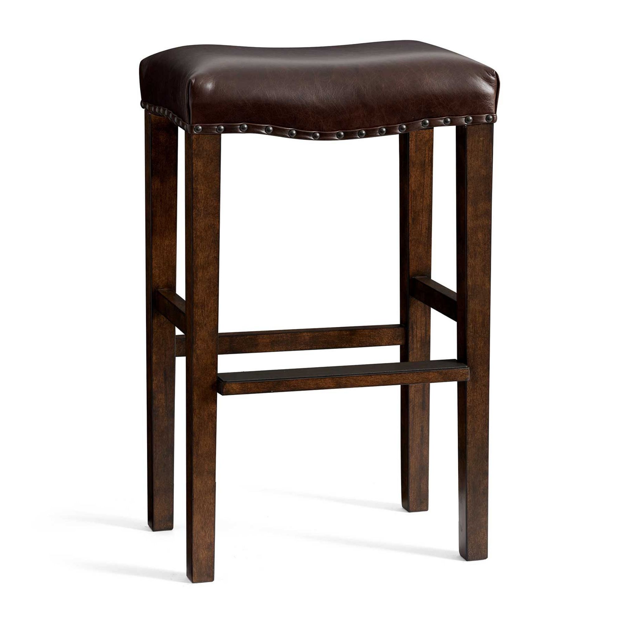 Wooden stool with dark brown leather seat