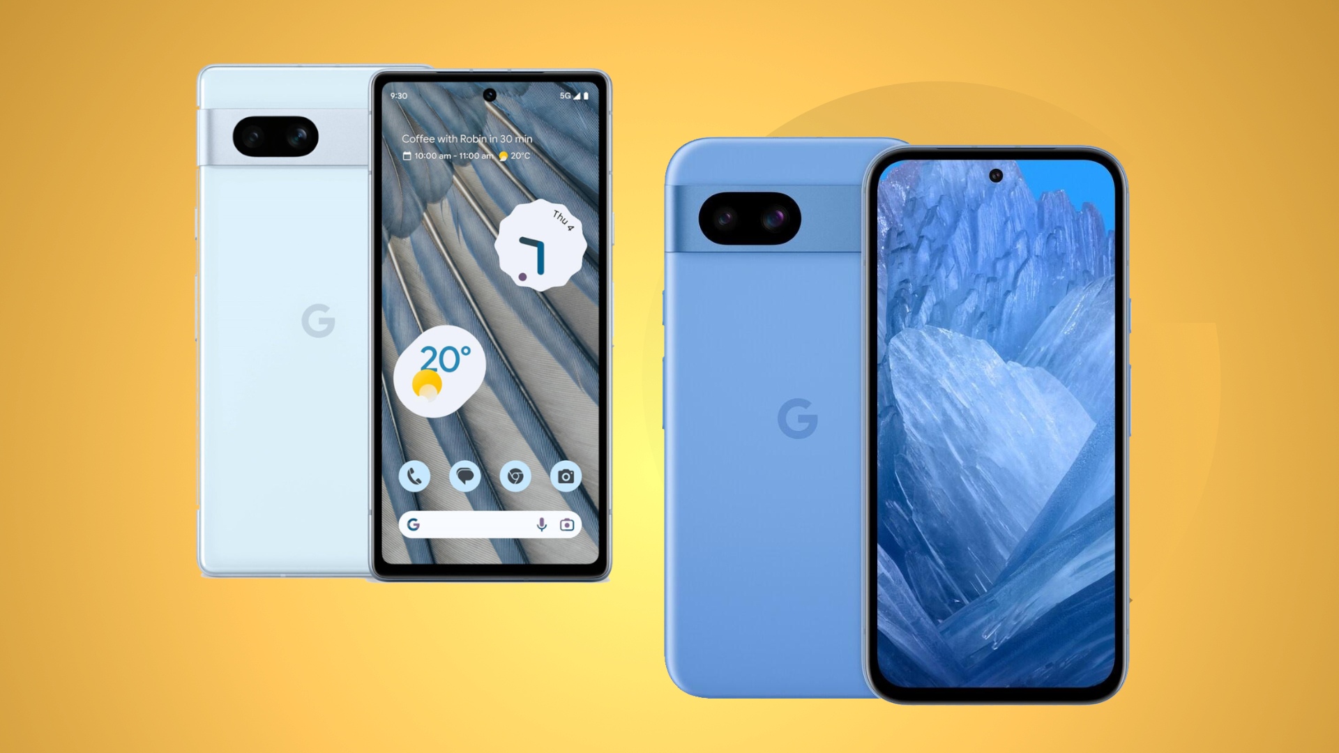 Google Pixel 8a and Pixel 7a in Blue on yellow gradient background