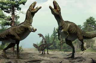 An artist's depiction of what dinosaur mating dances may have looked like.