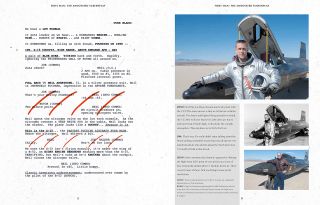 Sample pages from "First Man: The Annotated Screenplay" show the script (with hashed out lines) and commentary from Josh Singer and James Hansen discussing the X-15 rocket plane.