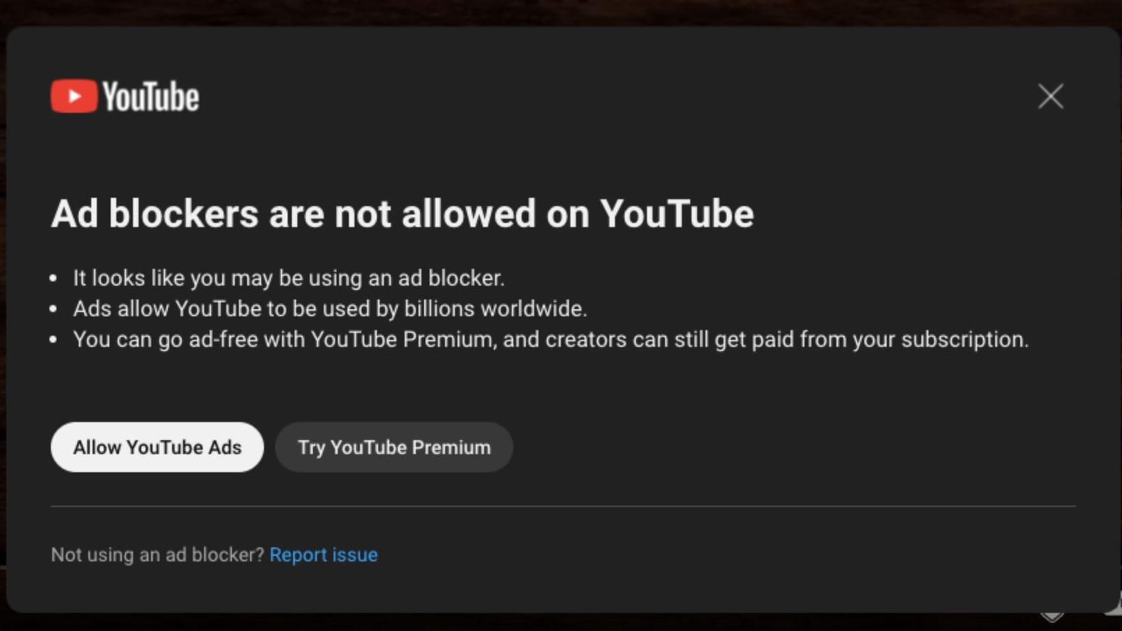 Bild eines Pop-ups von YouTube zur Deaktivierung von Werbeblockern
