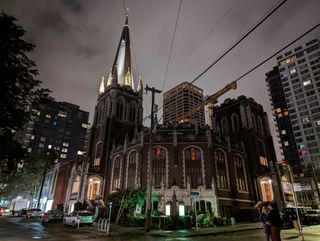 A church at night, taken using Night Sight on the Pixel 7