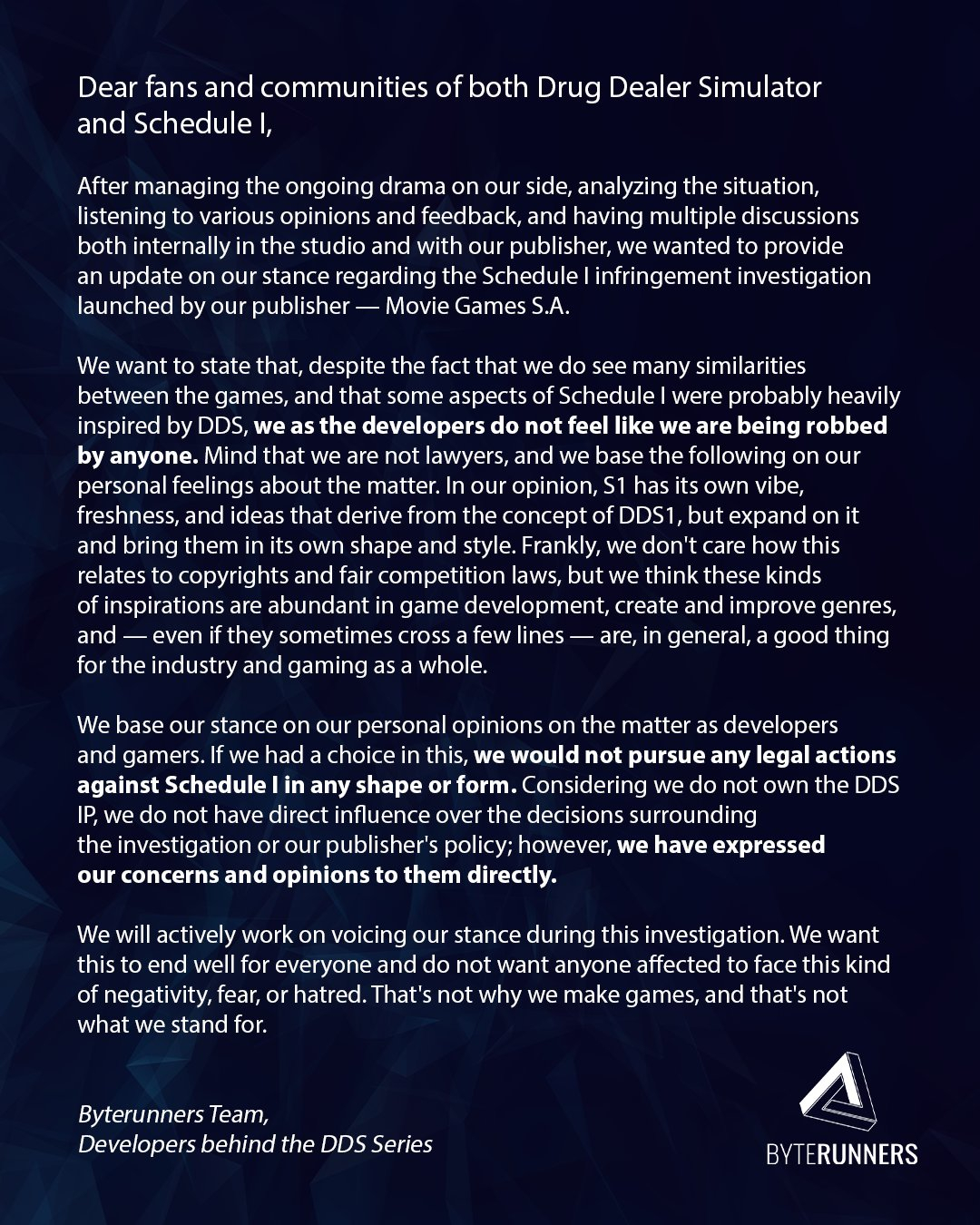 A statement from developer Byterunners regarding Schedule 1.