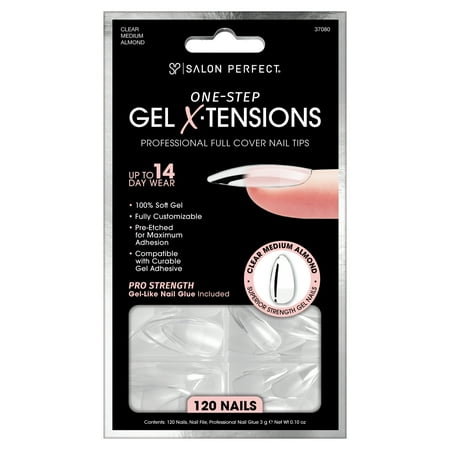 Salon Perfect Artificial Fake Press on Nail Tips, 307 Gel X-Tension, Clear, Medium Almond, File and Glue Included, 120 Nails