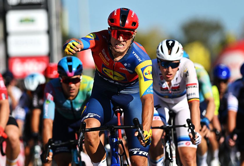 KOOLSKAMP, BELGIUM - SEPTEMBER 19: Jonathan Milan of Italy and Team Lidl - Trek celebrates at finish line as race winner during the 109th Kampioenschap van Vlaanderen 2025 a 180.2km one day race from Koolskamp to Koolskamp on September 19, 2025 in Koolskamp, Belgium. (Photo by Luc Claessen/Getty Images)