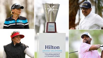 Centre image of the Hilton Grand Vacations Tournament of Champions trophy with headshots of Annika Sorenstam (top left), Hally Leadbetter (bottom left), Michael Pe&ntilde;a (top right) and Alfonso Ribeiro (bottom right)