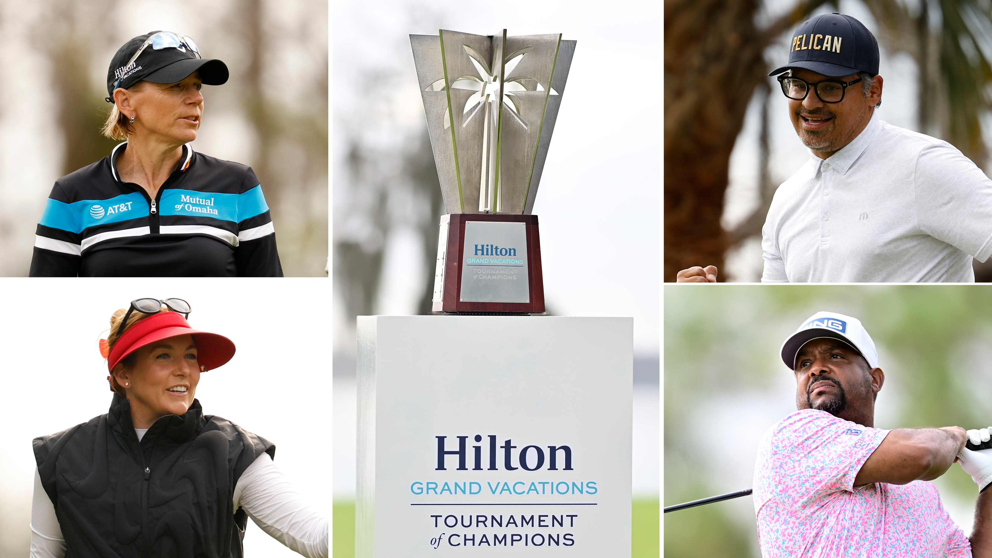Centre image of the Hilton Grand Vacations Tournament of Champions trophy with headshots of Annika Sorenstam (top left), Hally Leadbetter (bottom left), Michael Pe&ntilde;a (top right) and Alfonso Ribeiro (bottom right)