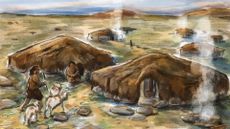 An illustration showing multiple circular huts, with early humans standing outside of them 