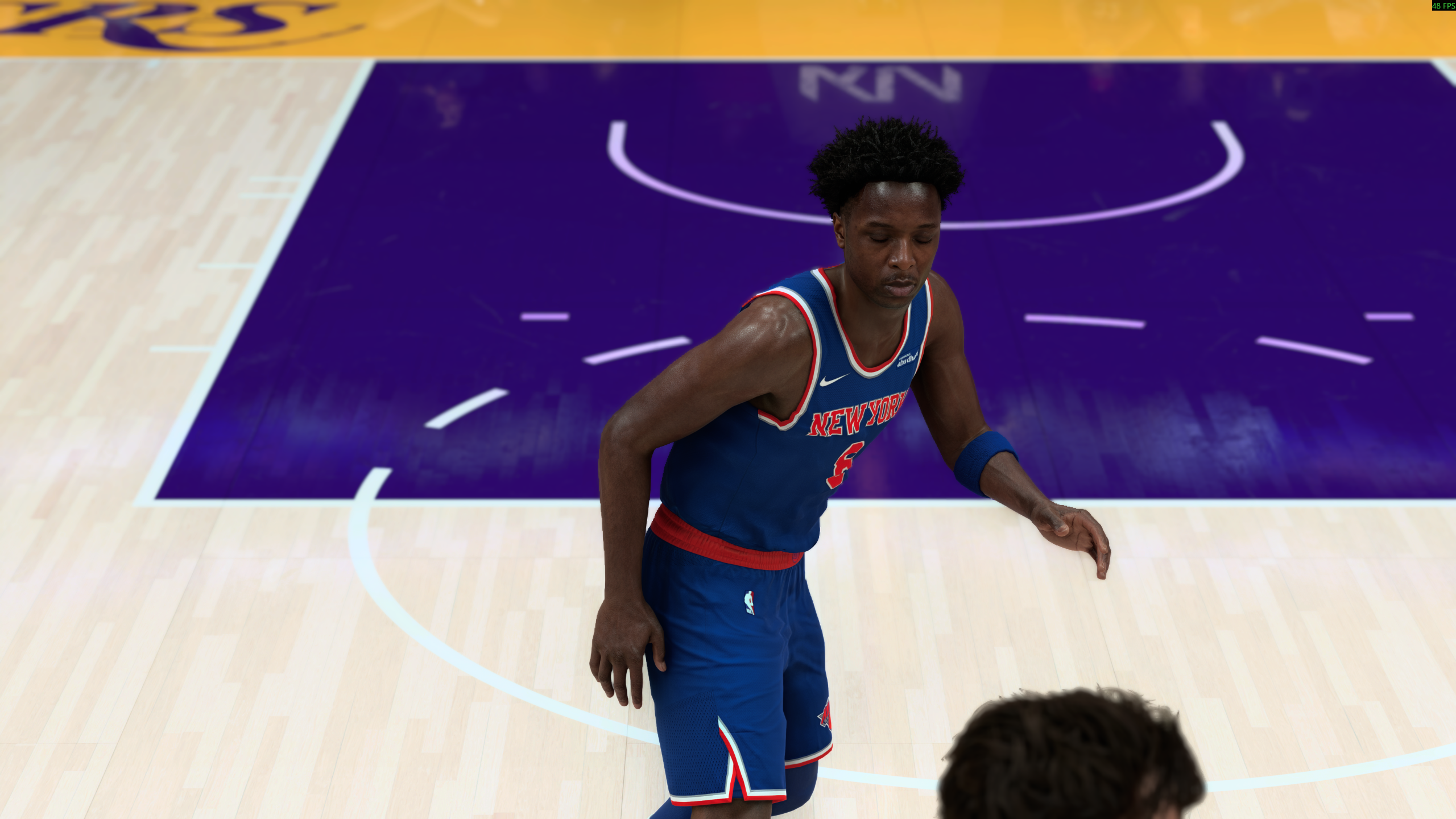 A NY Knicks player in NBA 2K27 with DLSS 5 on