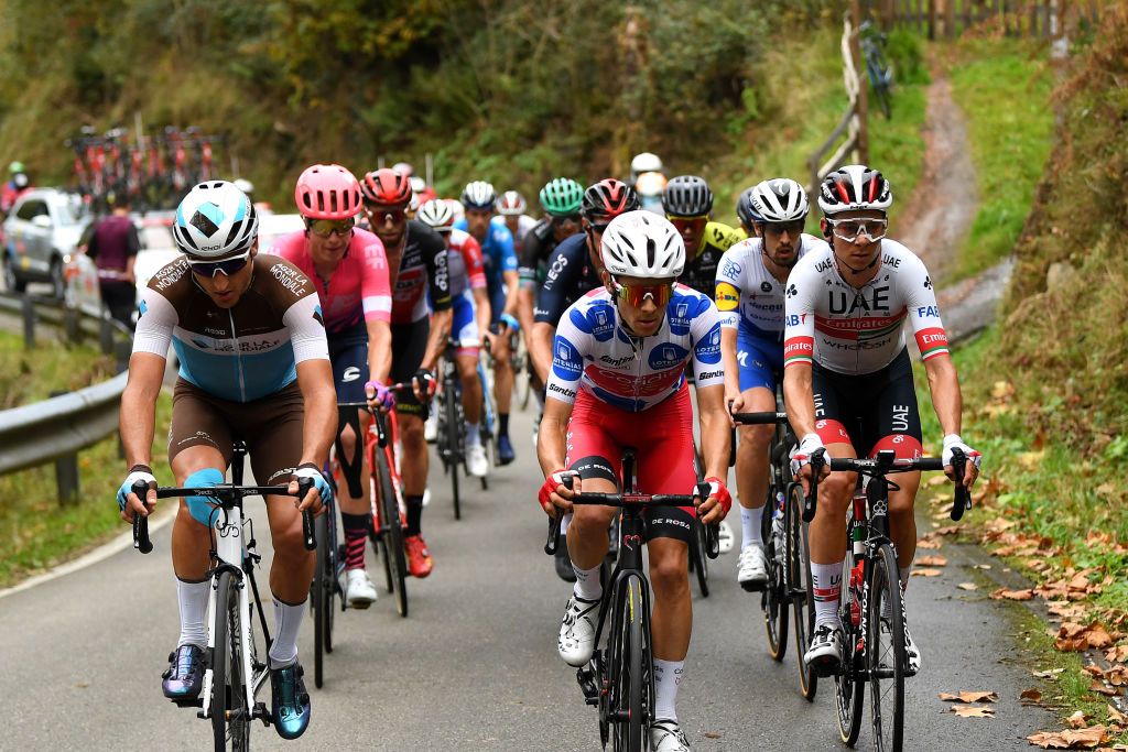 ALTODELANGLIRU SPAIN NOVEMBER 01 Nans Peters of France and Team AG2R La Mondiale Guillaume Martin of France and Team Cofidis Solutions Credits Polka Dot Mountain Jersey Cameron Wurf of Australia and Team INEOS Grenadiers Davide Formolo of Italy and UAE Team Emirates Mattia Cattaneo of Italy and Team Deceuninck QuickStep Julius Van Den Berg of The Netherlands and Team EF Pro Cycling Breakaway during the 75th Tour of Spain 2020 Stage 12 a 1094km stage from Pola de Laviana to Alto de lAngliru 1560m lavuelta LaVuelta20 La Vuelta on November 01 2020 in Alto de lAngliru Spain Photo by David RamosGetty Images