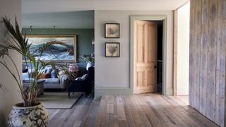 hallways and living area with grey walls and green skirting boards